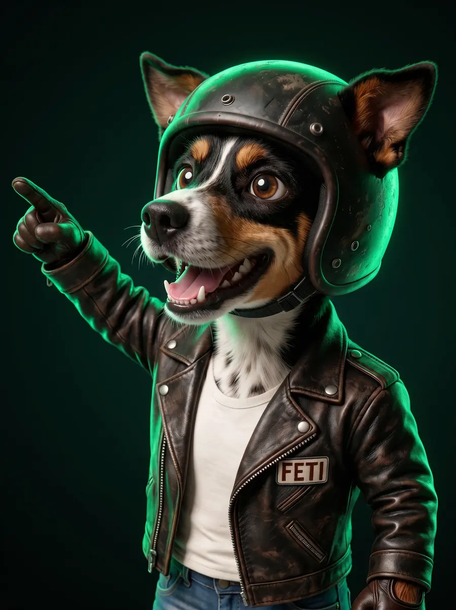 Mascote Feti Moto apontando para o slogan, com capacete e jaqueta de couro