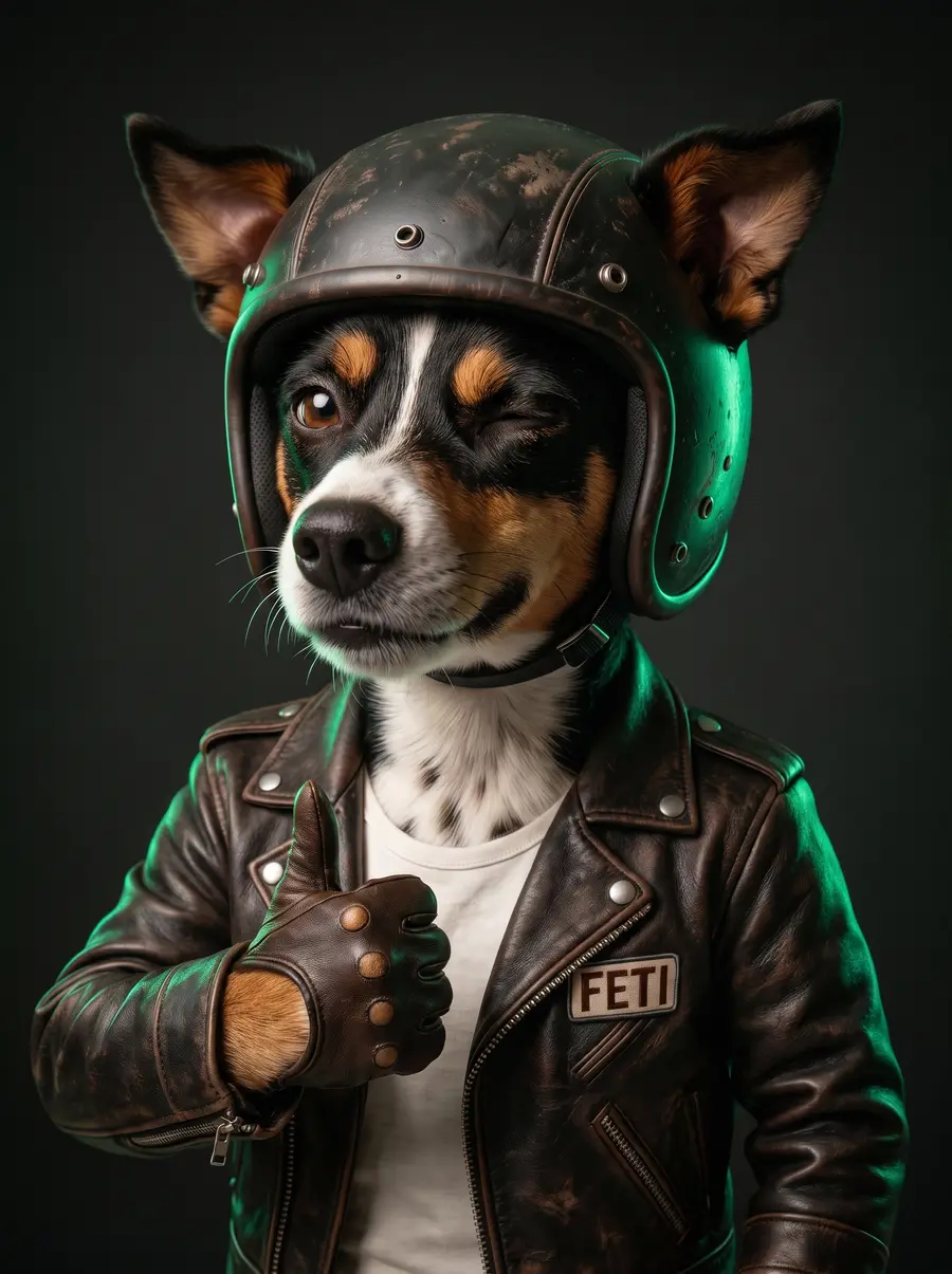 Mascote Feti Moto fazendo joinha, com capacete e jaqueta de couro