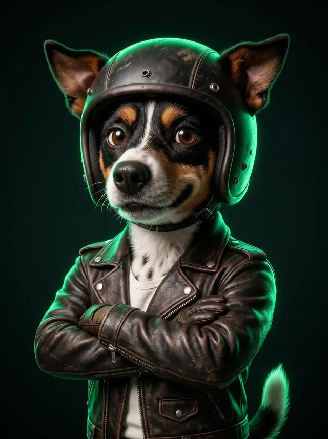 Mascote Feti Moto de braços cruzados, jaqueta de couro e capacete